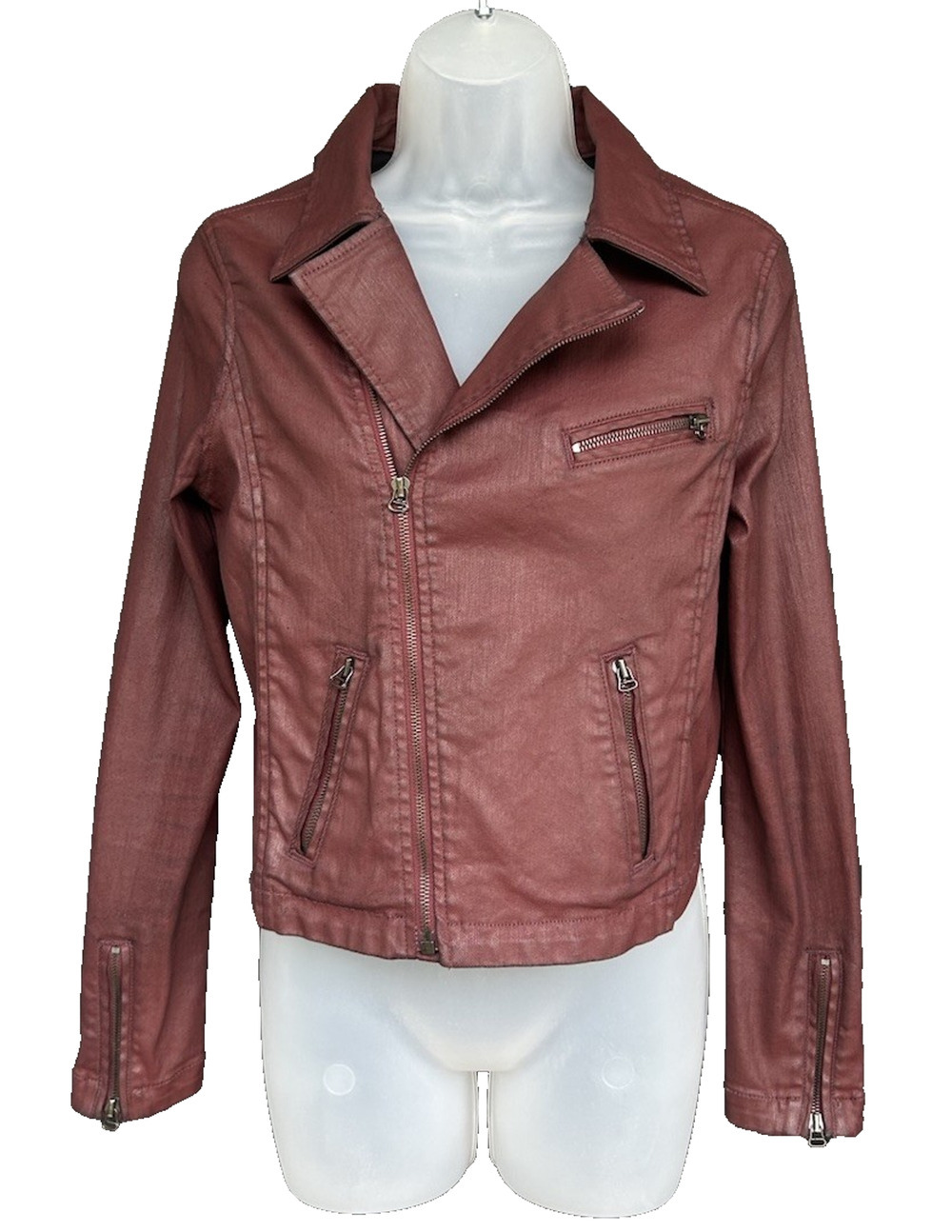 AG Adriano Goldschmied Moto Coated Denim Jacket Women's Size Medium Maroon Biker